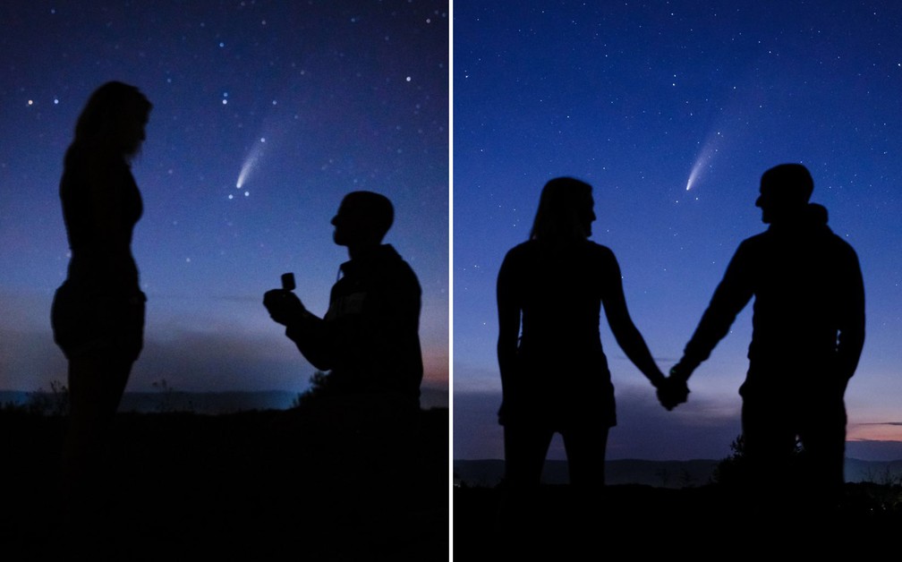 Casal fica noivo durante passagem do cometa Neowise. (Foto: Reprodução/Twitter @YohnnyNic)