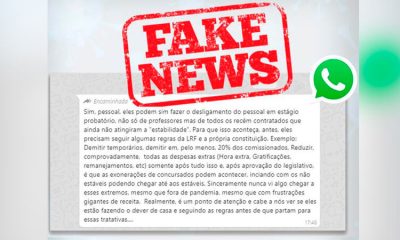 Print de mensagem do WhatsApp com carimbo de fake news