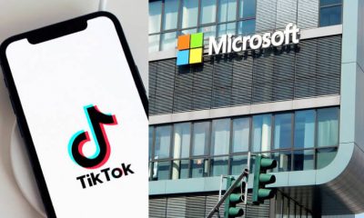 Aplicativo TikTok aberto em celular e fachada de empresa da Microsoft