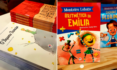 Livros expostos em mesa, O Pequeno Príncipe, O Diário de Anne Frank, Aritmética da Emília e Caçadas de Pedrinho.