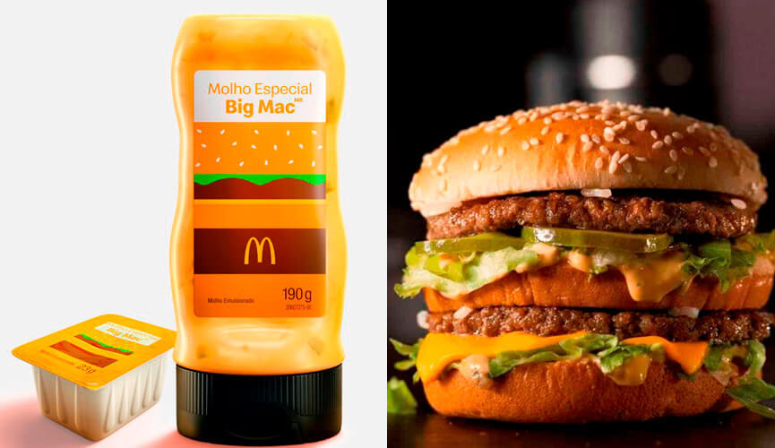 Imagem promocional dos molhos do Big Mac ao lado de foto do sanduíche