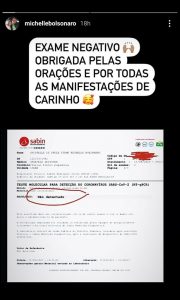 Post de Michelle Bolsonaro, com teste negativo para coronavírus.