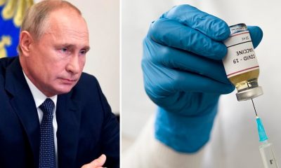 Foto do presidente Vladimir Putin ao lado de um profissional da saúde manuseando uma seringa de vacina.