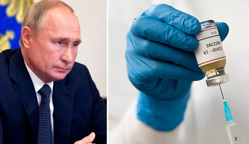 Foto do presidente Vladimir Putin ao lado de um profissional da saúde manuseando uma seringa de vacina.