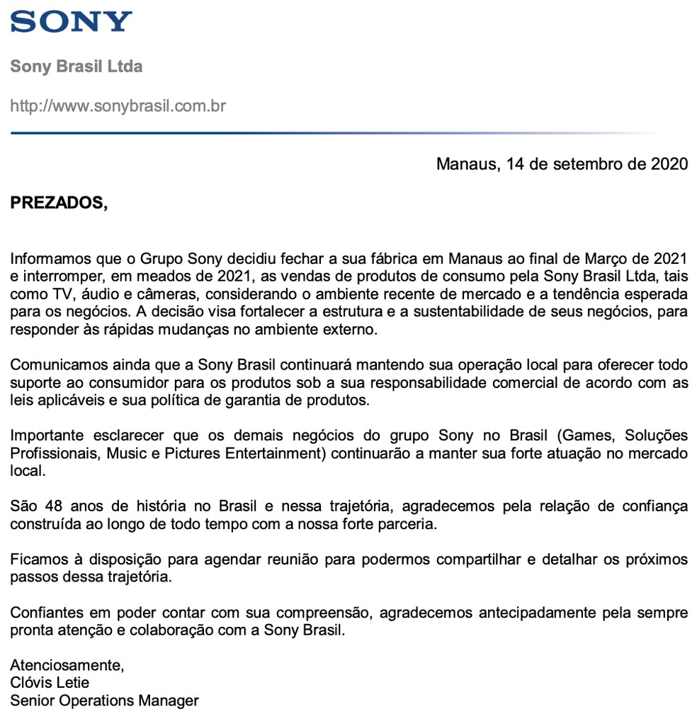 Nota da Sony para a imprensa