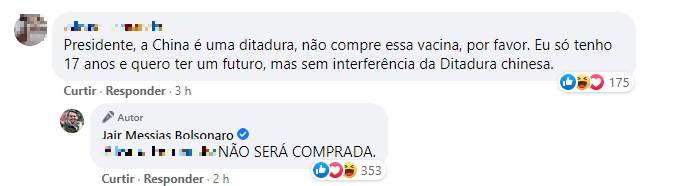 Comentário do presidente Bolsonaro sobre compra da Coronavac, no Facebook