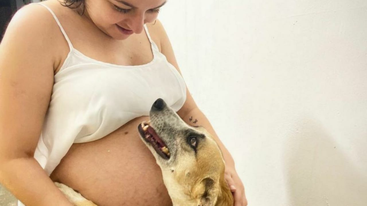 Influencer Isa Gateira com a cachorra Salsicha abraçando sua barriga