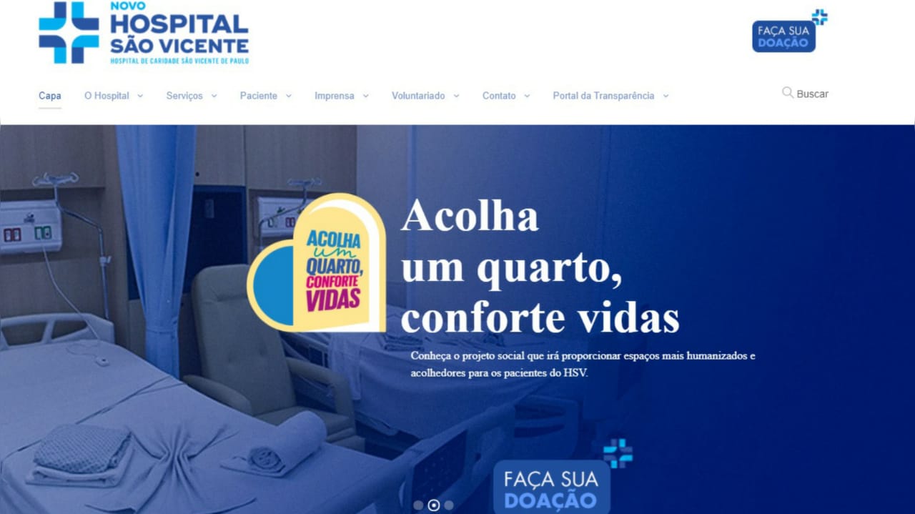Print da página inicial do site do Hospital São Vicente, em Jundiaí