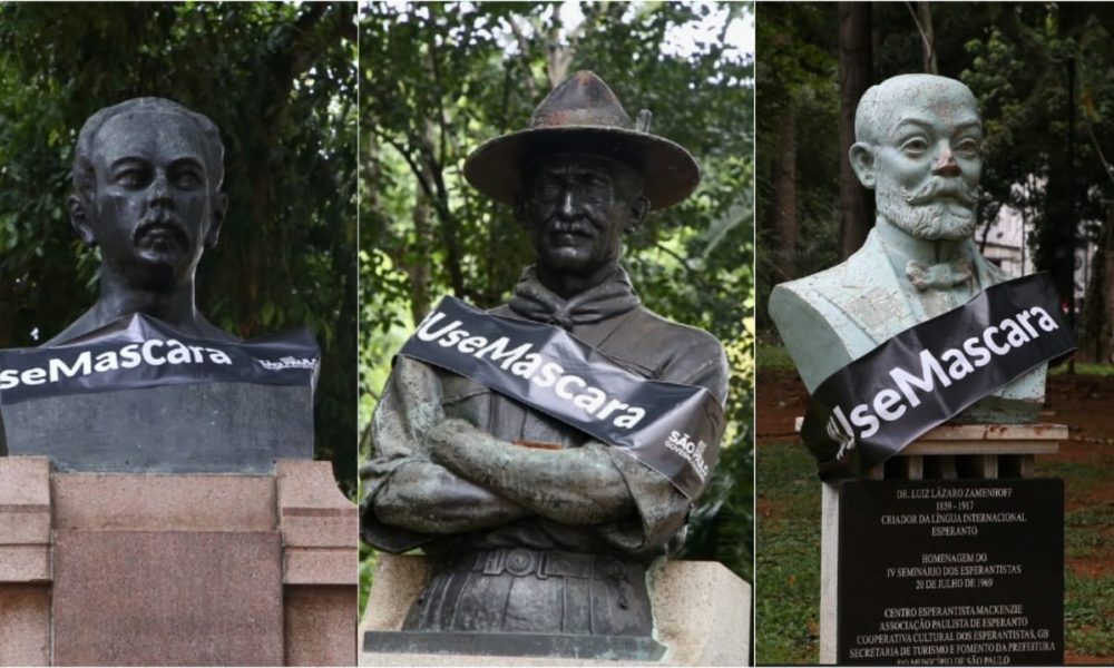 Monumentos pela cidade de São Paulo receberam uma faixa preta em homenagem às vítimas da Covid-19