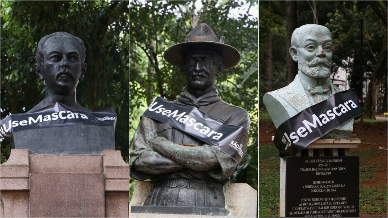 Monumentos pela cidade de São Paulo receberam uma faixa preta em homenagem às vítimas da Covid-19