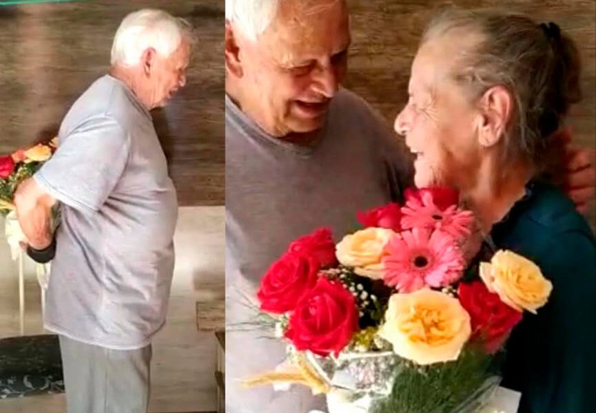 Idosa com Alzheimer recebe flores. (Foto: Divulgação)