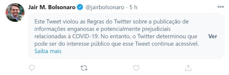 Tweet de Bolsonaro recebeu um alerta da rede social por violar regras da plataforma