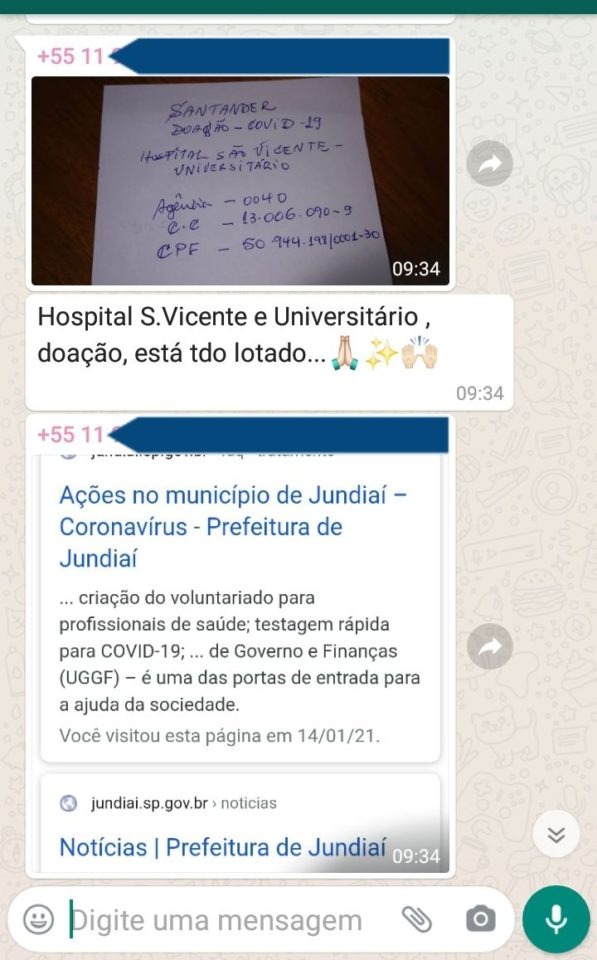 Print de mensagem falsa sobre doações em dinheiro à hospitais de Jundiaí