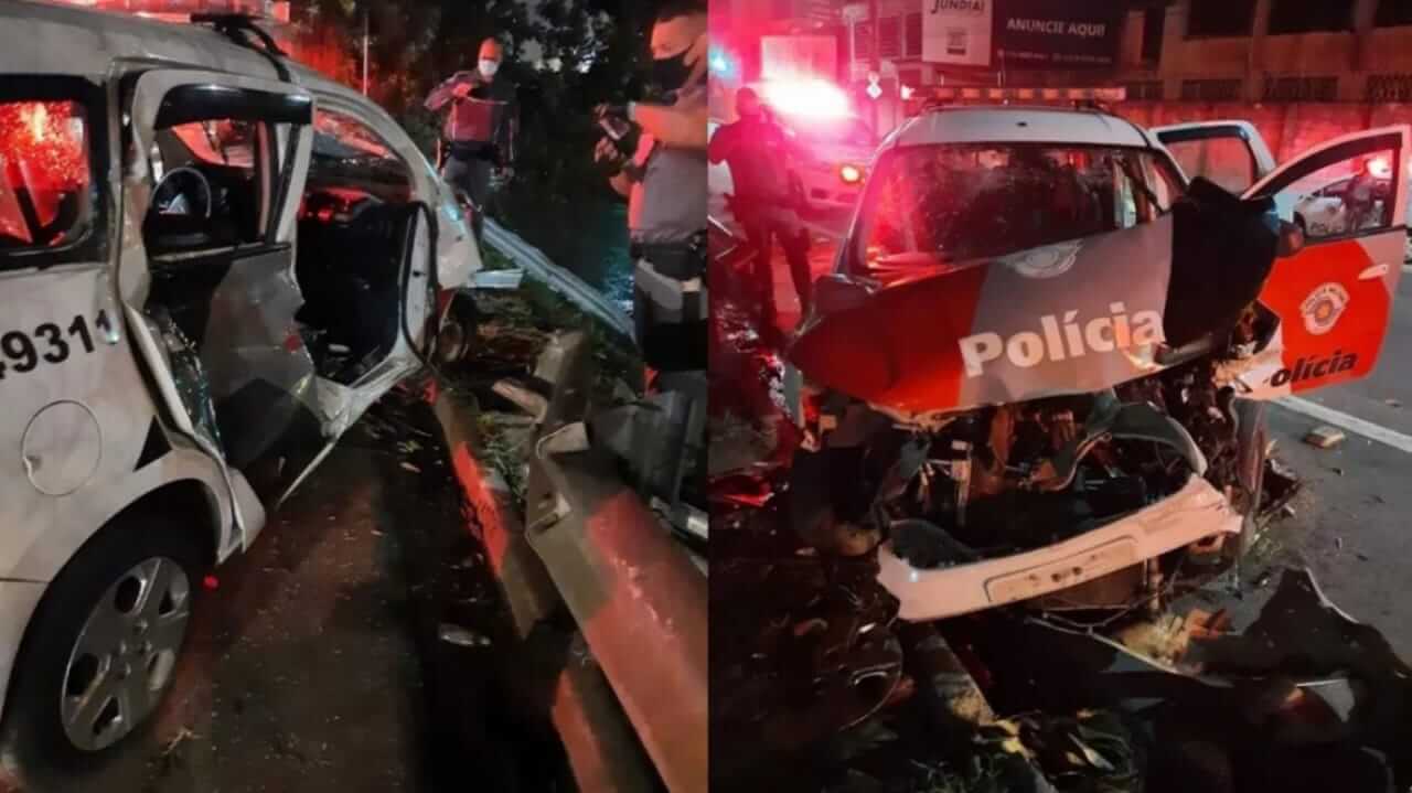Viatura da Polícia Militar quebrado após acidente em Jundiaí
