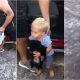 Montagem de fotos de menino carregando filhote de cachorro