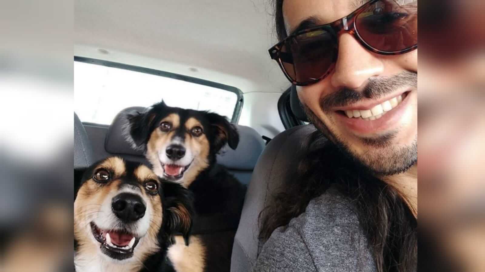 Homem em carro com dois cachorros idênticos