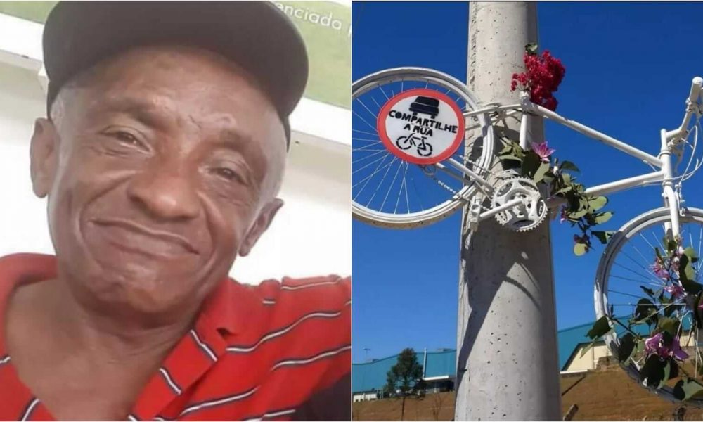 Foto de idoso ao lado de foto de bicicleta