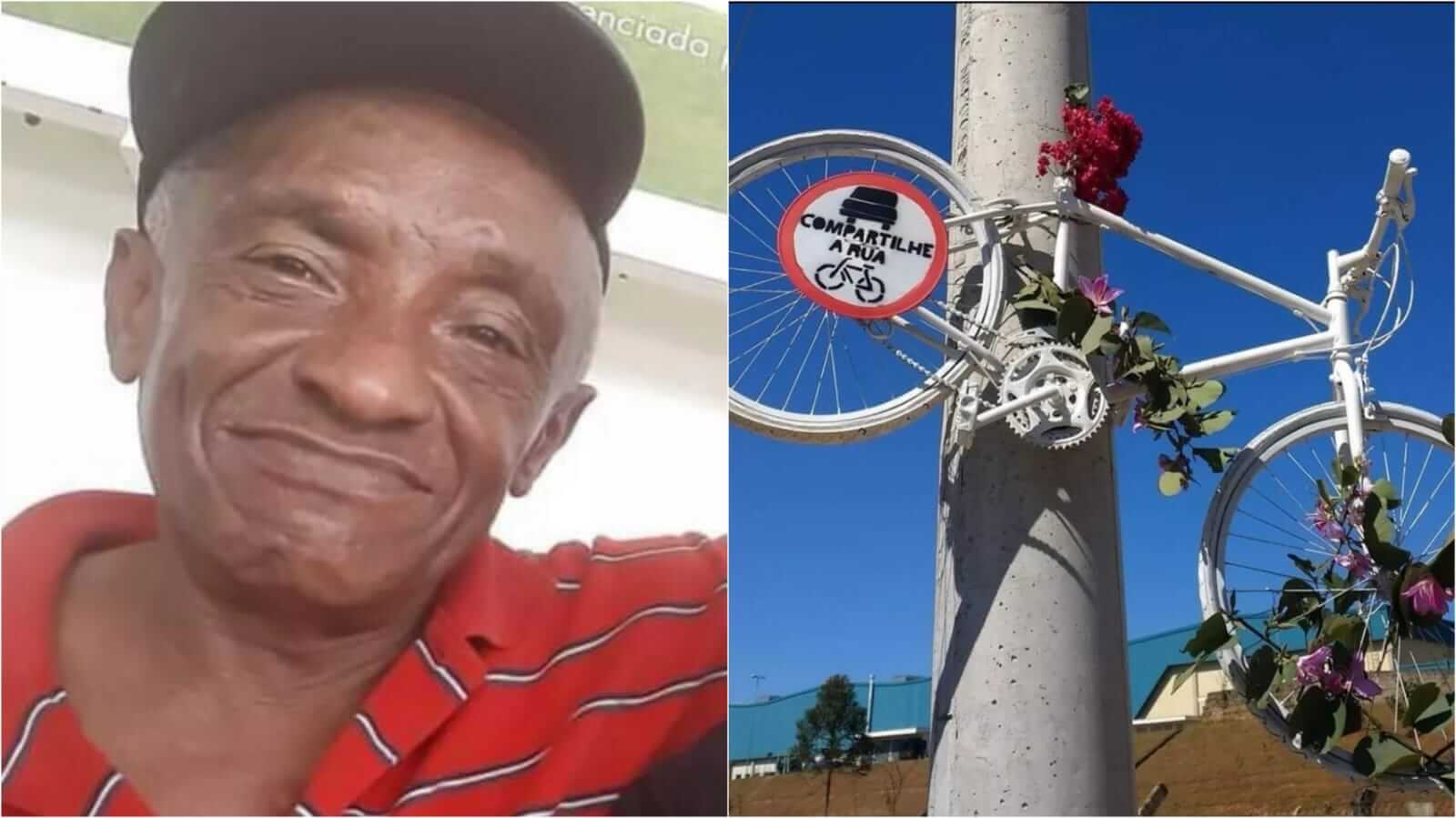 Foto de idoso ao lado de foto de bicicleta