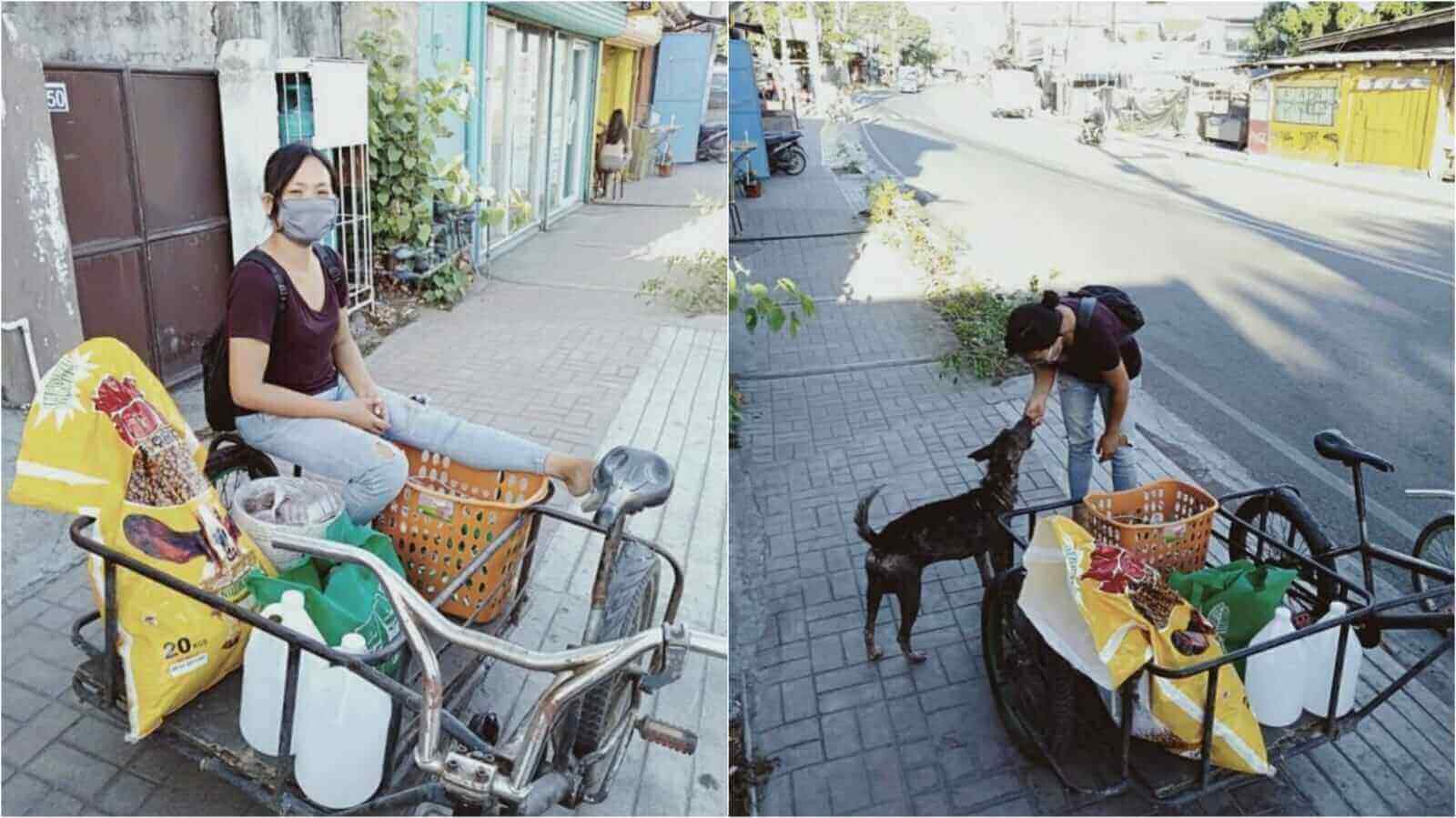 Mulher com ração e alimentando cachorro