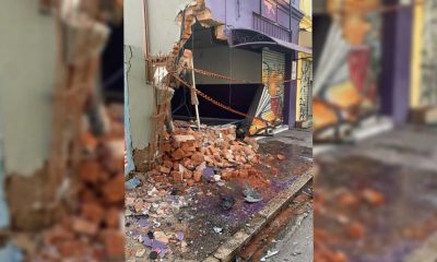 Parede de um comercio no centro de Jundiaí após ser atingida por viatura da Guarda Municipal