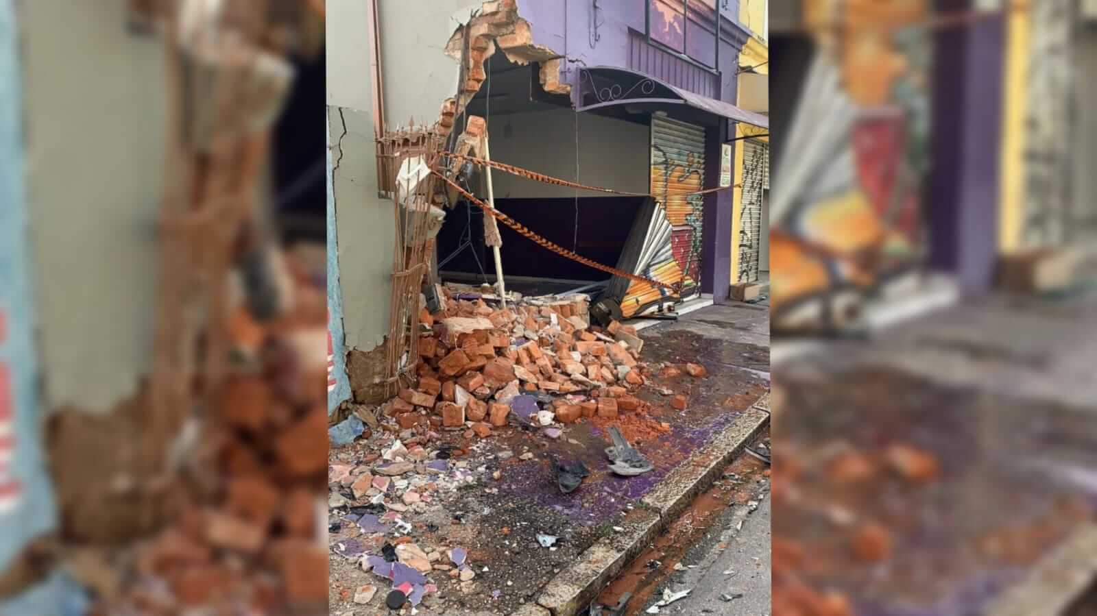 Parede de um comercio no centro de Jundiaí após ser atingida por viatura da Guarda Municipal