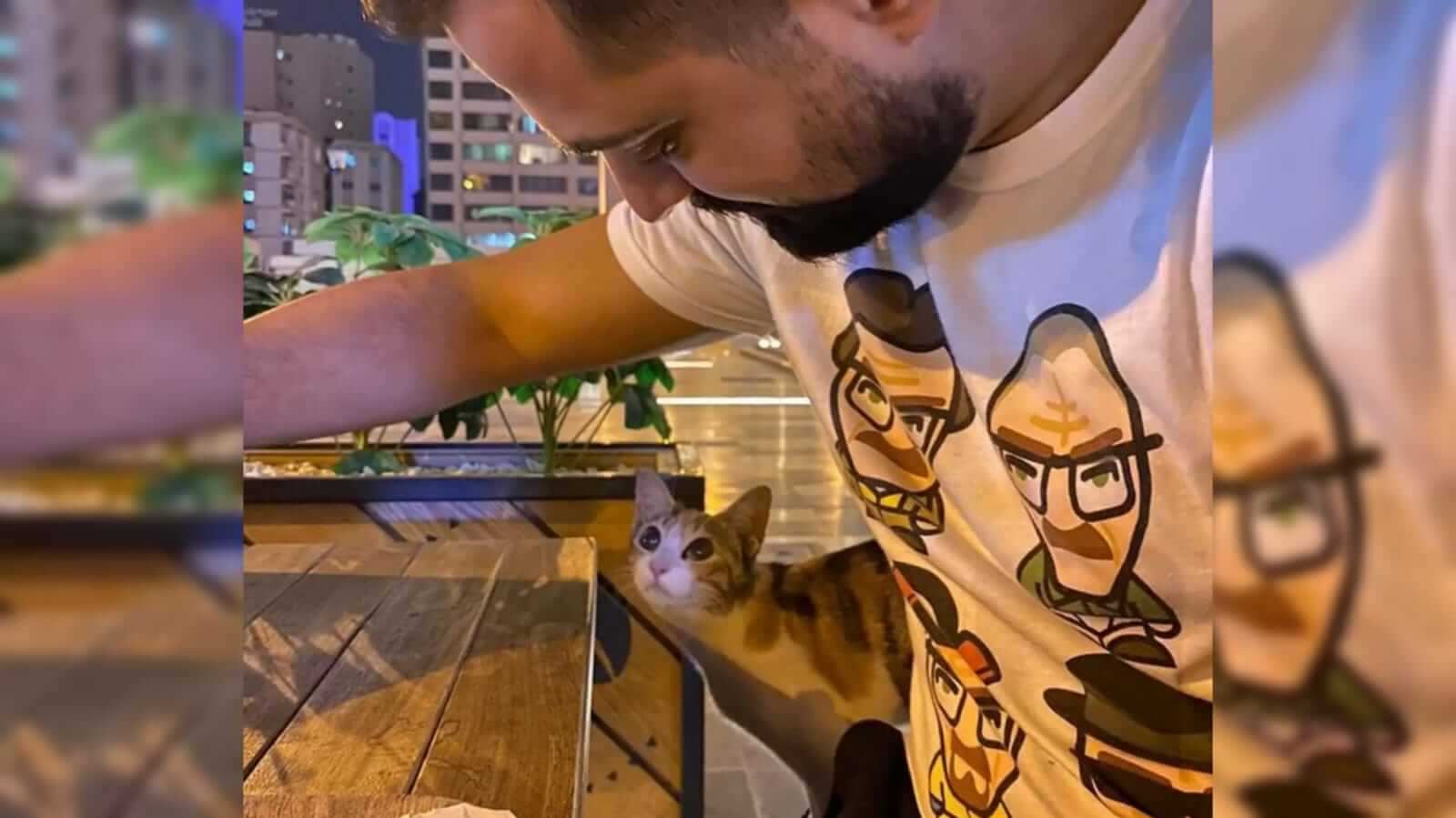 Homem com gato em mesa de restaurante