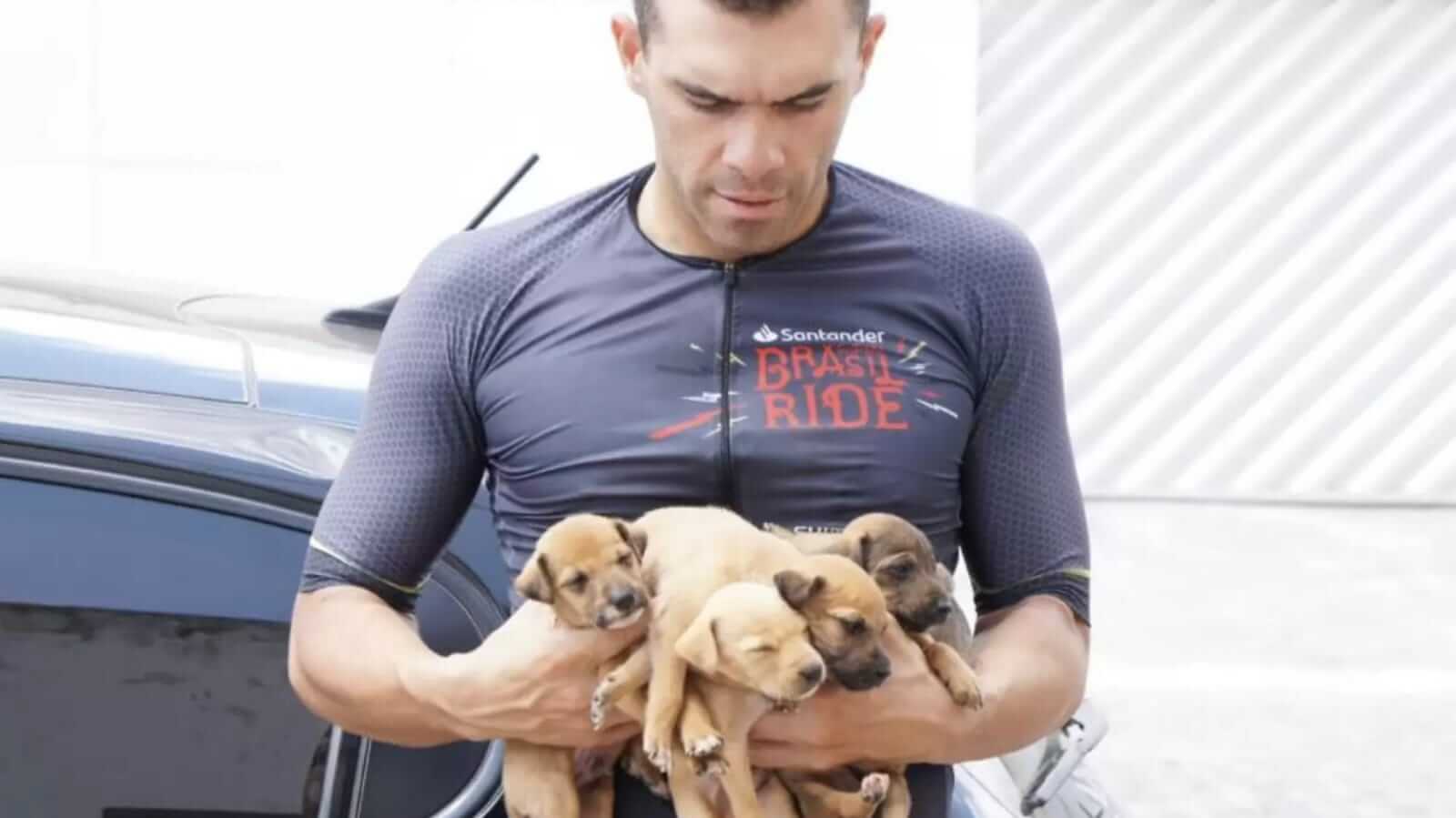 Ciclista com cinco filhotes de cachorro