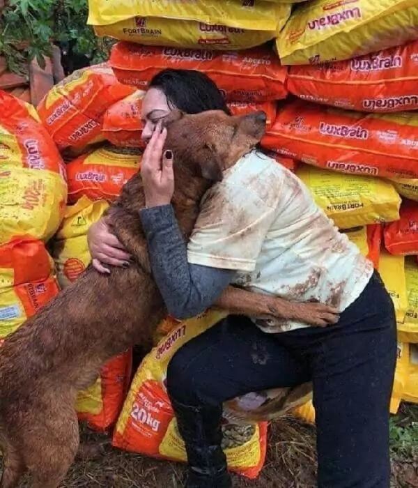 Cachorro abraçando mulher