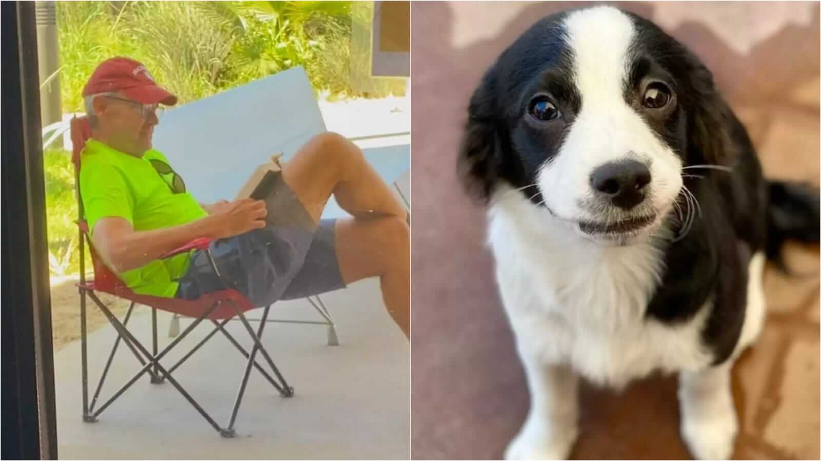 Homem sentado em cadeira de praia e cachorrinho preto e branco