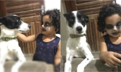 Menina de rosto pintado ao lado de cachorro