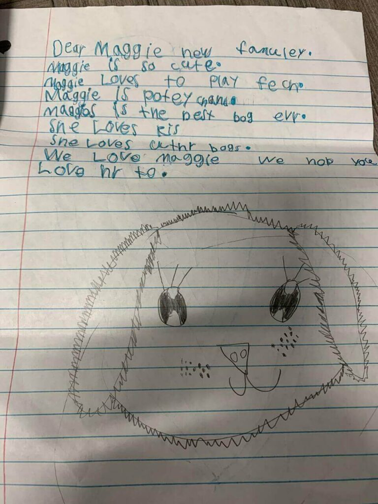 Carta que criança escreveu para família de cachorro adotado