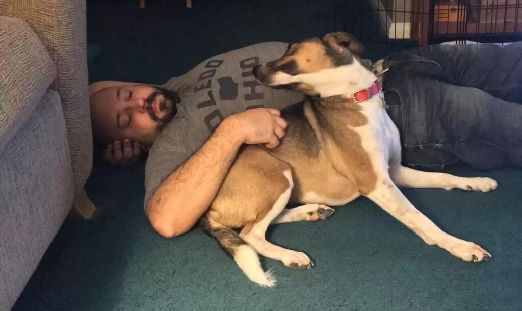 Homem brincando com cachorro