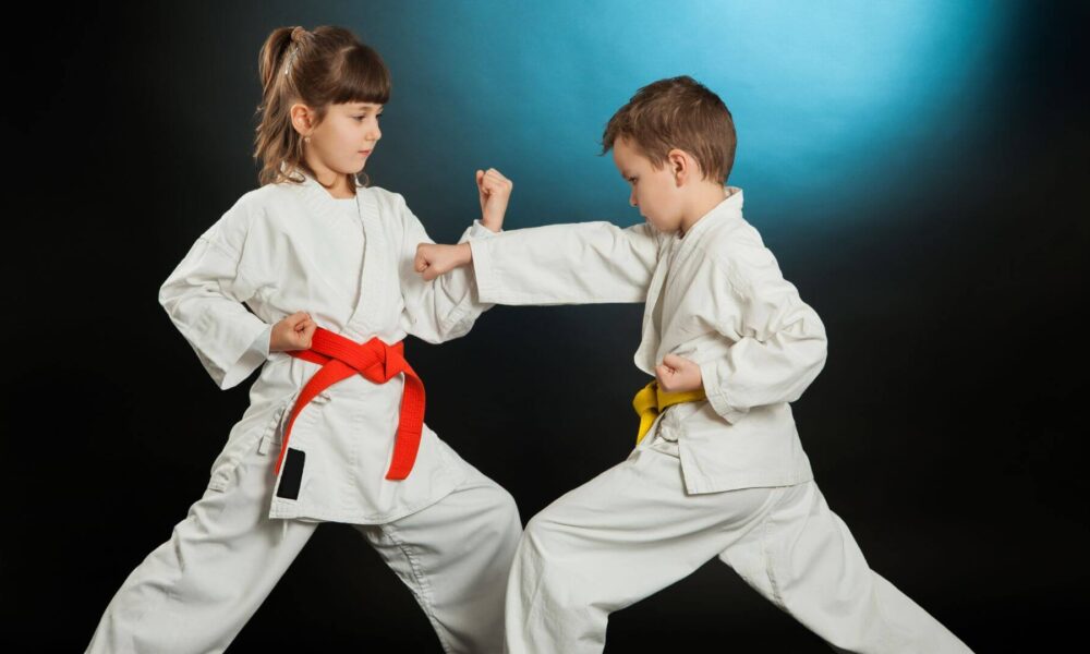 duas crianças lutando karatê