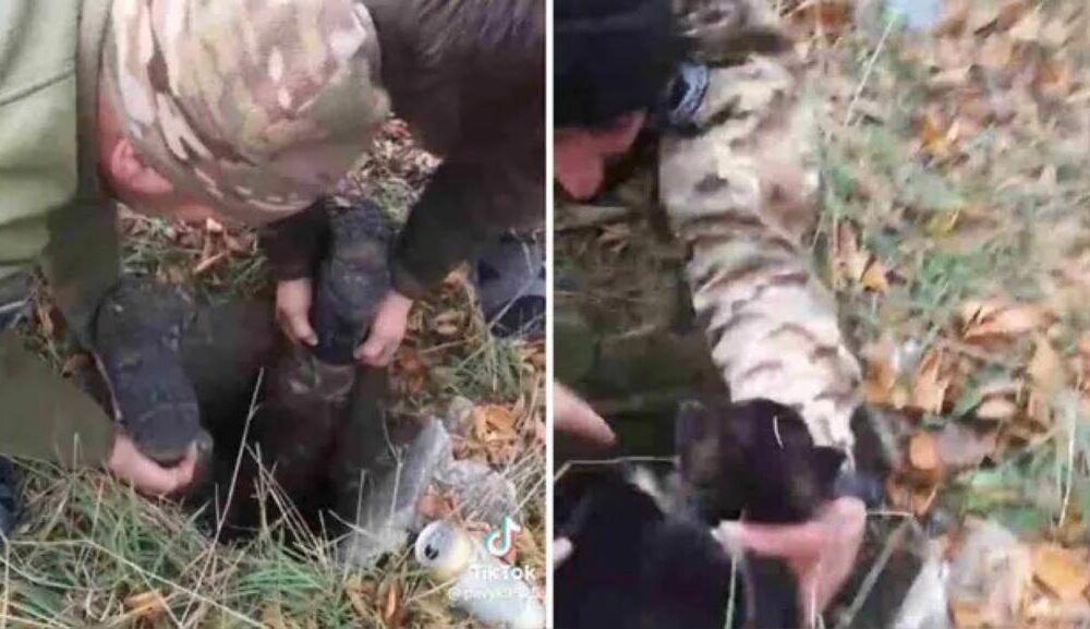 Soldados salvando cachorro de poço na Ucrânia