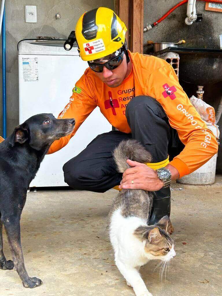 Membro da Defesa Civil com cachorro e gato