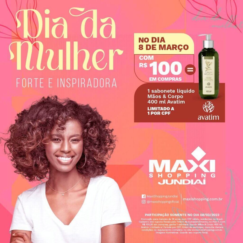 Arte de promoção de Dia da Mulher no Maxi Shopping Jundiaí