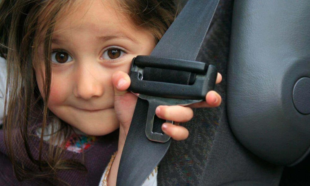 Criança com cinto de segurança na mão