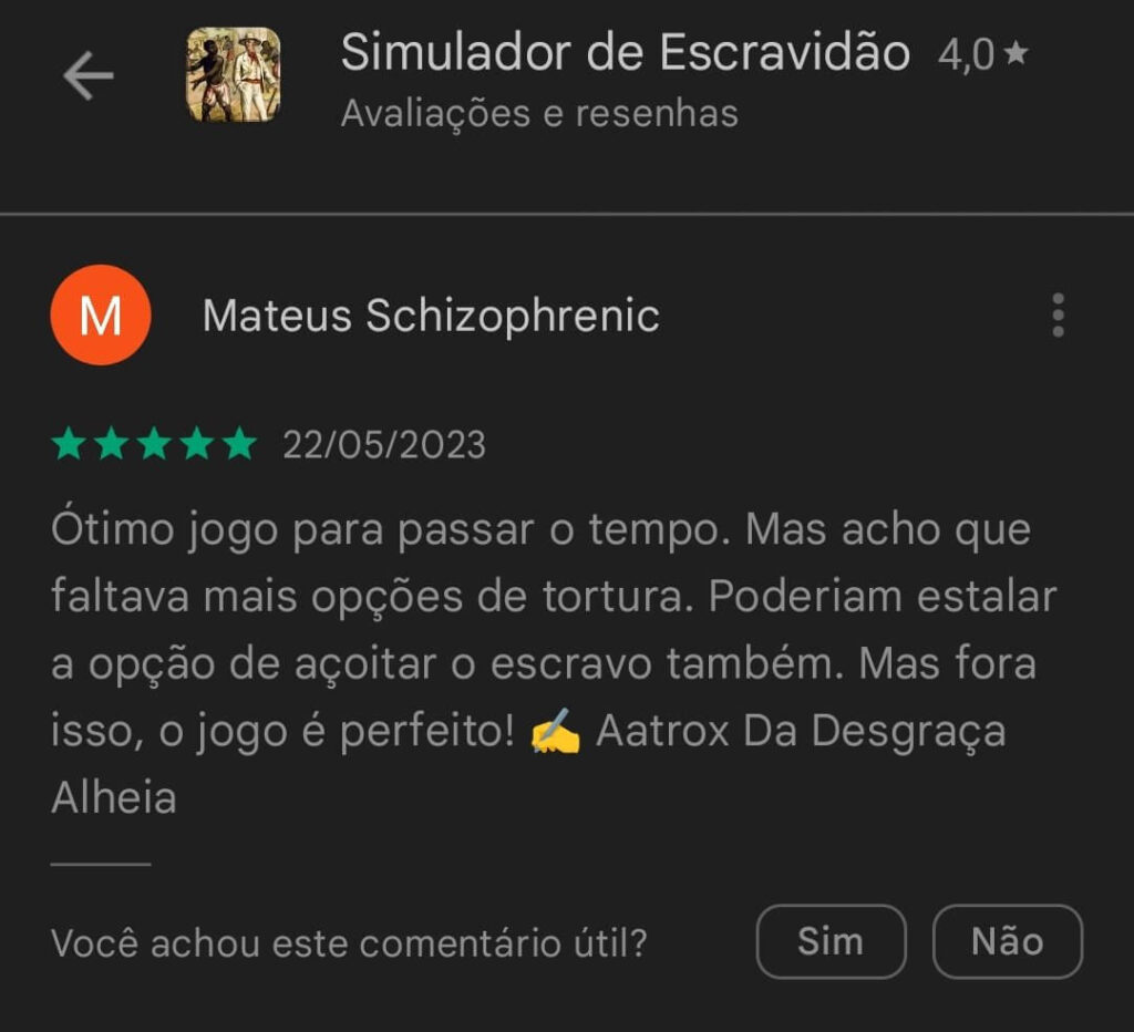 Jogo Simulador de Escravidão, que permitia castigar e torturar pessoas  negras é retirado da plataforma do Google Play - Jornal Expresso Carioca