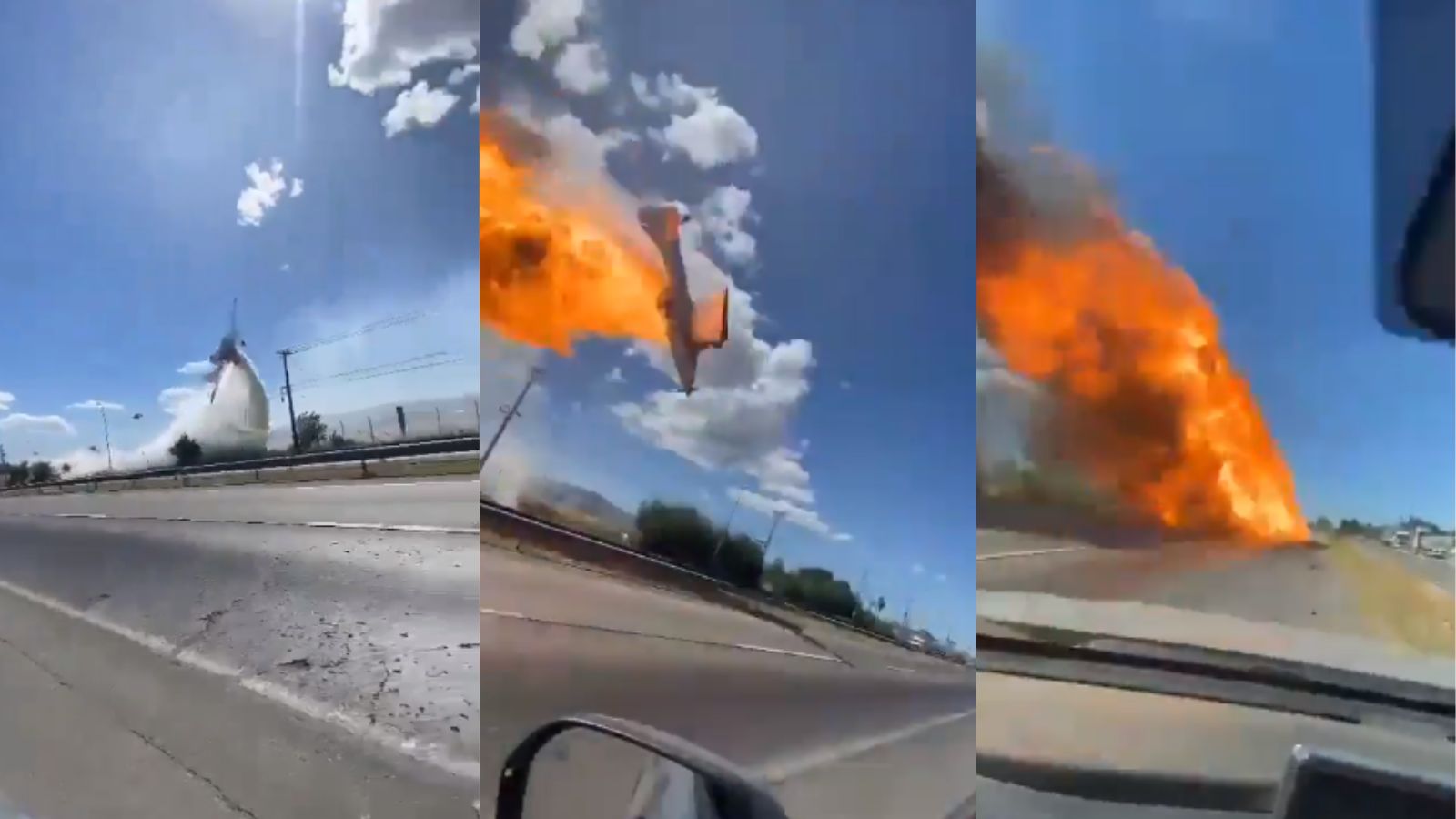 Vídeo avião pega fogo, cai em rodovia e atinge carro
