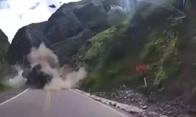Pedras gigantes despencam de montanha e esmagam caminhões em estrada