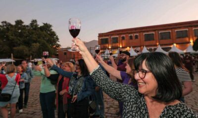 Pessoas brindando com taças de vinho no evento "Dia do Vinho" no Espaço Expressa, em Jundiaí