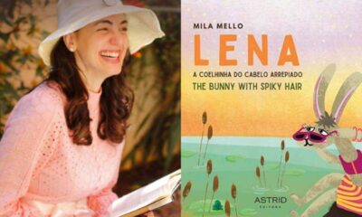 Foto de Mila Mello, autora de Jundiaí, ao lado da capa do livro infantil "Lena, a Coelhinha do Cabelo Arrepiado".
