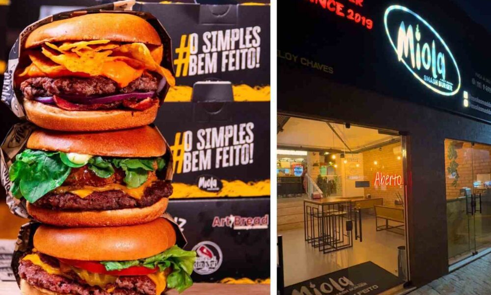 Três hambúrgueres do Miola Smash Burger e imagem da fachada da hamburgueria