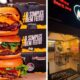 Três hambúrgueres do Miola Smash Burger e imagem da fachada da hamburgueria