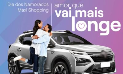 Promoção de Dia dos Namorados do Maxi Shopping Jundiaí, com o slogan "Amor que vai mais longe", mostrando um casal abraçado e um carro ao fundo.