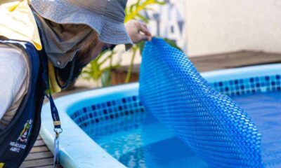 Agente de saúde em Jundiaí realiza vistoria contra dengue em piscina, verificando a presença de focos do mosquito Aedes aegypti.