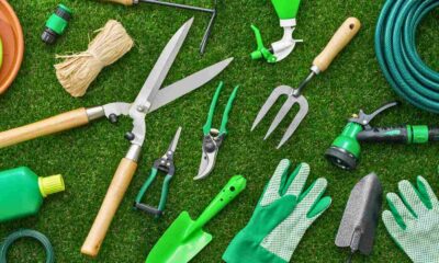Diversas ferramentas de jardinagem espalhadas sobre a grama
