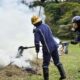 Agentes da Defesa Civil de Jundiaí controlando incêndios em área de mata