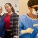 Duas mulheres abraçadas, uma delas com curativo no olho; médico realizando cirurgia de catarata em Campo Limpo Paulista.