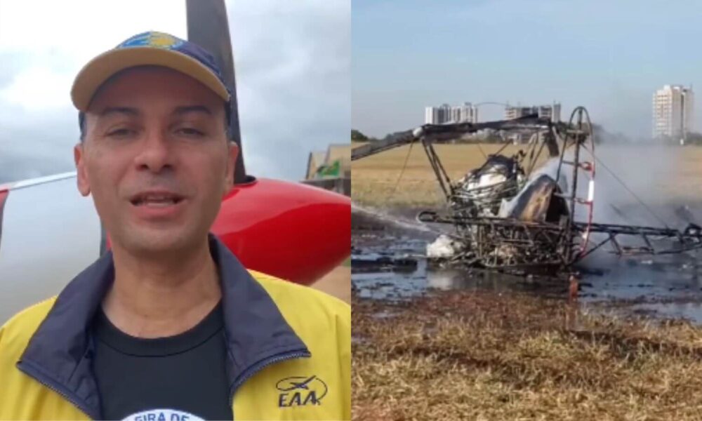 Piloto de Jundiaí ao lado de imagem de avião de pequeno porte pegando fogo.